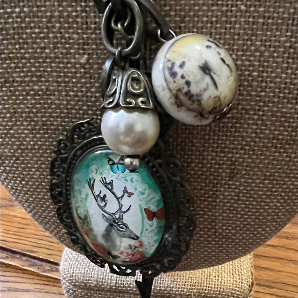 Artistic Deer Pendant Necklace with Pearl and Stone Accents